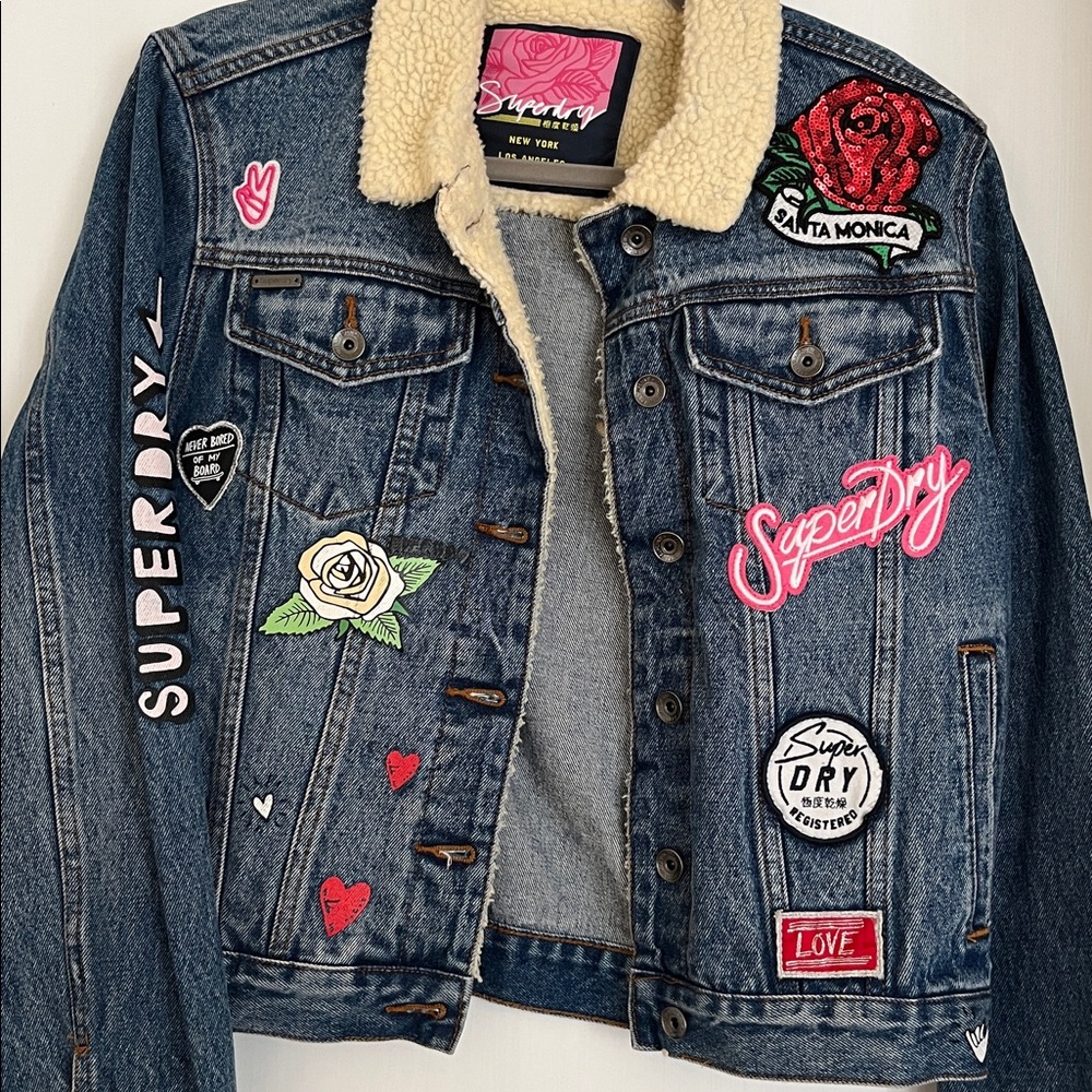 Superdry Blue Denim Jacket with Red and White Patches